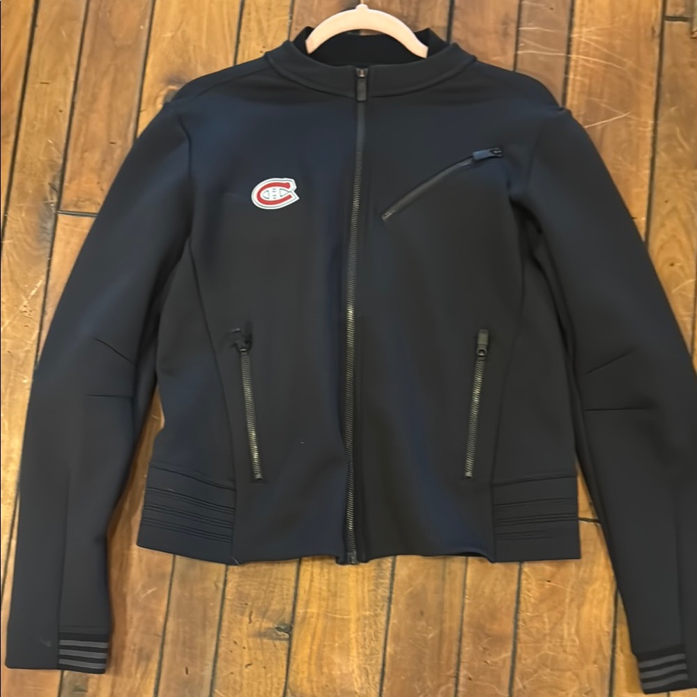 Black Adidas Jacket with Stand-Up Collar and Montreal Canadiens Logo Patch